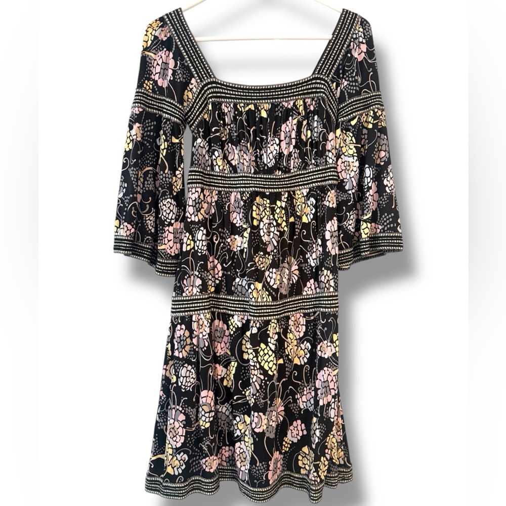 Vintage MISSONI Dress Y2K Tier Floral Babydoll Bell Sleeve Knit Black Floral VTG